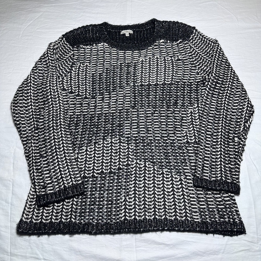 Calvin Klein Jeans‎ Sweater Womens Large Chunky Knit Crew Metallic Black White